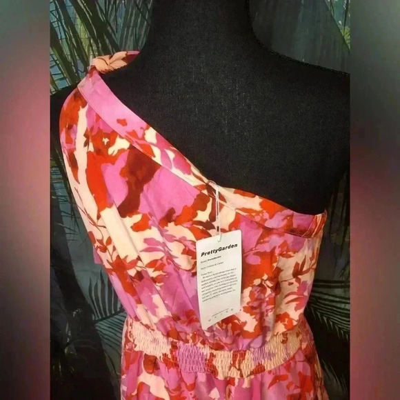 Pink and Red Floral Tie Front One Shoulder Knee-Length Sundress - Picture 6 of 12